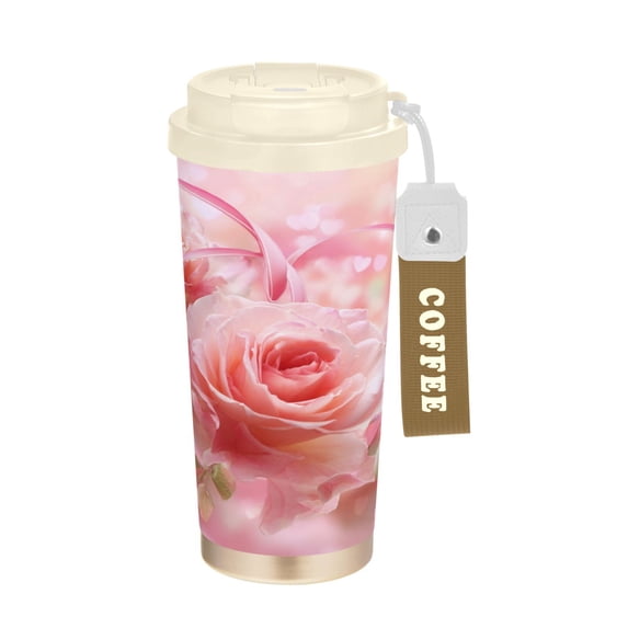 500ml Stainless Steel Coffee Mug with Portable Beige Strap Vacuum Insulated Ceramic Coated Coffee Tumbler Pink Roses and Ribbons
