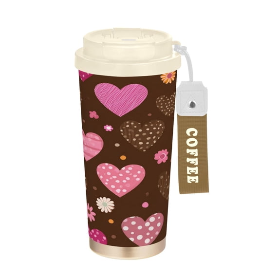500ml Stainless Steel Coffee Mug with Portable Beige Strap Vacuum Insulated Ceramic Coated Coffee Tumbler Pink and Brown Hearts Pattern