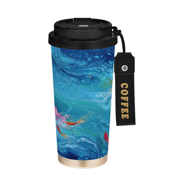 500ml Stainless Steel Coffee Mug with Portable Black Strap Vacuum Insulated Ceramic Coated Coffee Tumbler Blue Vortex