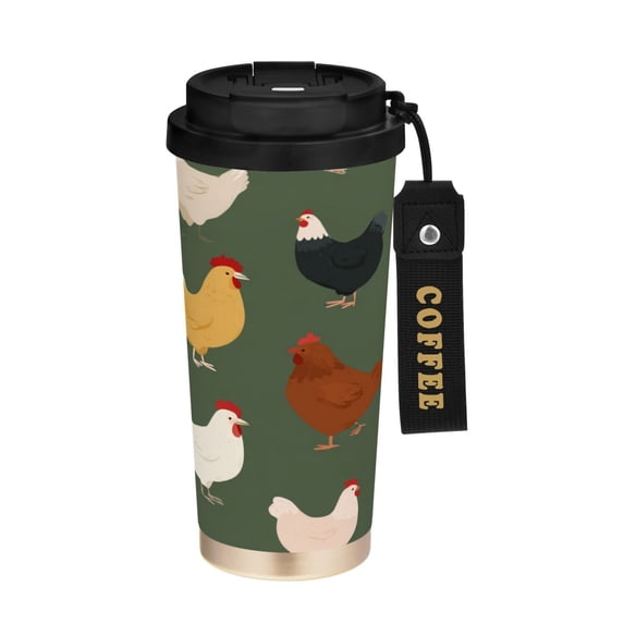 500ml Stainless Steel Coffee Mug with Portable Black Strap Vacuum Insulated Ceramic Coated Coffee Tumbler Cute Colorful Chickens Pattern