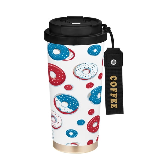 500ml Stainless Steel Coffee Mug with Portable Black Strap Vacuum Insulated Ceramic Coated Coffee Tumbler Cute Doughnuts Pattern
