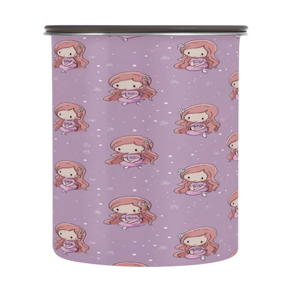 500ml Stainless Steel Food Storage Containers Cartoon Mermaid Pattern Airtight Kitchen Canisters with Vacuum Lid for Coffee Tea Flour Sugar Grains