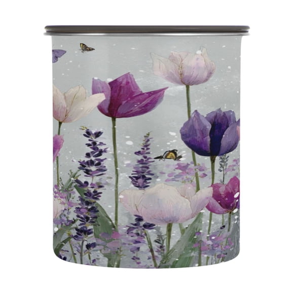500ml Stainless Steel Food Storage Containers Colorful Tulips and Lavender Airtight Kitchen Canisters with Vacuum Lid for Coffee Tea Flour Sugar Grains