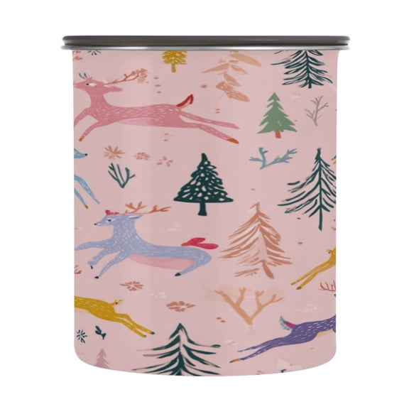 500ml Stainless Steel Food Storage Containers Cute Deer and Christmas Trees Airtight Kitchen Canisters with Vacuum Lid for Coffee Tea Flour Sugar Grains