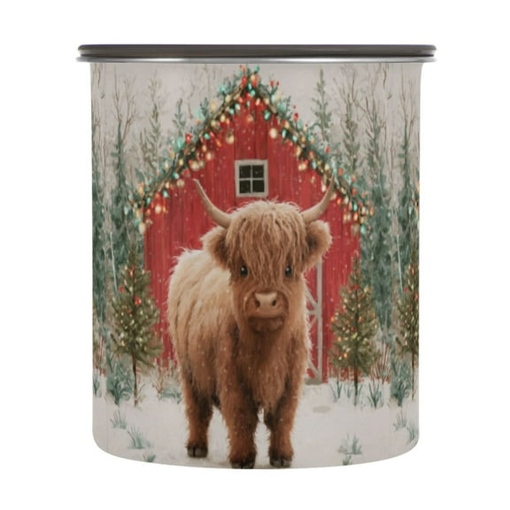 500ml Stainless Steel Food Storage Containers Cute Highland Cow Pattern Airtight Kitchen Canisters with Vacuum Lid for Coffee Tea Flour Sugar Grains