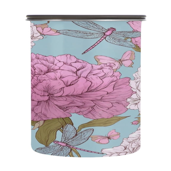 500ml Stainless Steel Food Storage Containers Pink Peony Pattern Airtight Kitchen Canisters with Vacuum Lid for Coffee Tea Flour Sugar Grains