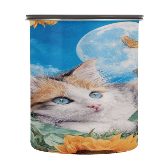 500ml Stainless Steel Food Storage Containers Playful Cat Lying Sunflowers Airtight Kitchen Canisters with Vacuum Lid for Coffee Tea Flour Sugar Grains