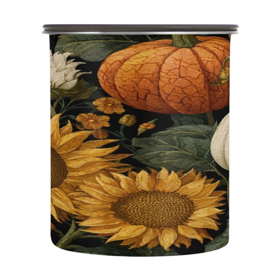 500ml Stainless Steel Food Storage Containers Pumpkins and Sunflowers Pattern Airtight Kitchen Canisters with Vacuum Lid for Coffee Tea Flour Sugar Grains
