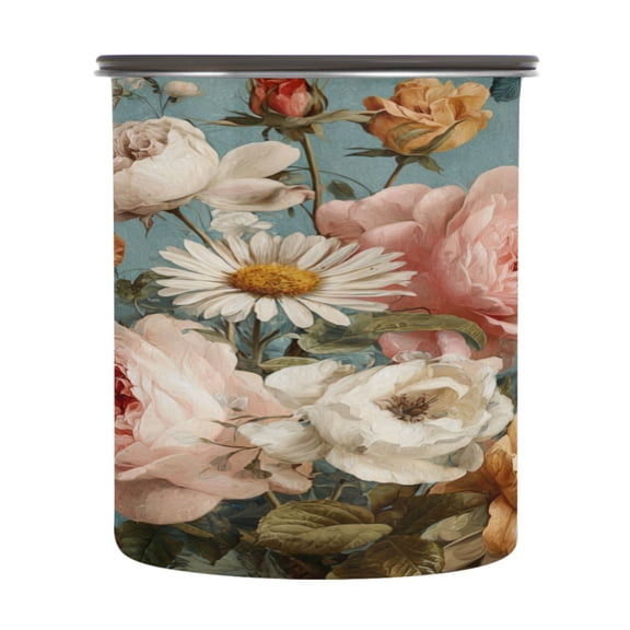 500ml Stainless Steel Food Storage Containers Vintage Roses and Peonies Airtight Kitchen Canisters with Vacuum Lid for Coffee Tea Flour Sugar Grains