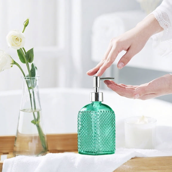 500ml Textured Glass Hand Sanitizer Dispenser – Gold Pump, Leak-Proof Seal, Multi-Use for Soap/Shampoo/Lotion, Space-Saving, Elegant Bathroom/Kitchen Countertop Decor (Clear with Bubble Texture)