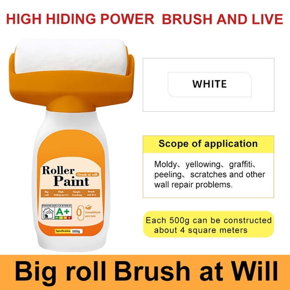 500ml White Wall Paint Water Based|Odorless Quick Dry Paint for Home Repair, Large Coverage Stain Remover with Roller Brush, 2-in-1 Touch Up Coating,Ready to Use,for Kitchen, Bedroom, Living Room