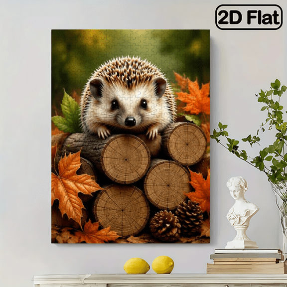 500pc 2D Frameless Paper Jigsaw Puzzle, 20.4x15 in, Maple Leaf and Hedgehog Autumn Nature Scene, Brain Game, Family Game Night, Can Be Wall Decor