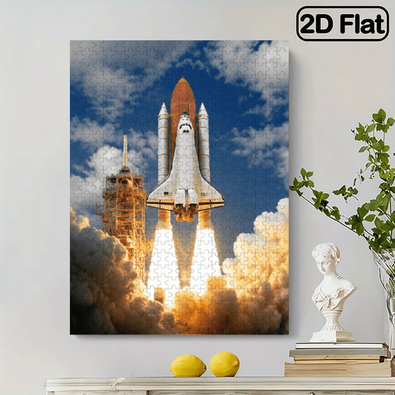 500pc 2D Frameless Paper Jigsaw Puzzle, 20.4x15 in, Space Shuttle Launch Pad Art in Orange & White, Brain Game, Family Game Night, Can Be Wall Decor