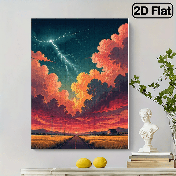 500pc 2D Frameless Paper Puzzle, 20.4x15 inch, Dramatic Sunset Lightning over Grassy Field with Dark Sky and Bright Flashes, Educational, Great Gift for Dramatic Sky Lovers, Perfect for Holidays