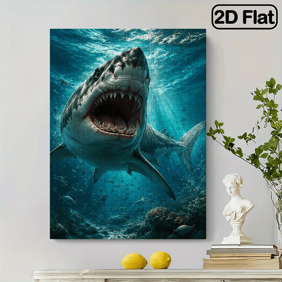 500pc 2D Frameless Paper Puzzle, 20.4x15 inch, Large Great White Shark with Realistic Ocean Fish and Deep Blue Water, Educational, Great Gift for Marine Biology Fans, Perfect for Holidays