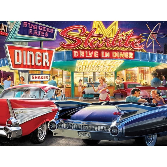 500pc Classic Cars Puzzle – 50s Starlite Diner, 18"x24" by Larry Jones