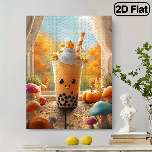 500pc Fun puzzle,frameless paper puzzle, mental exercise,suitable for family games during holidays. The best gift for puzzle enthusiasts.A cup of milk tea on the table