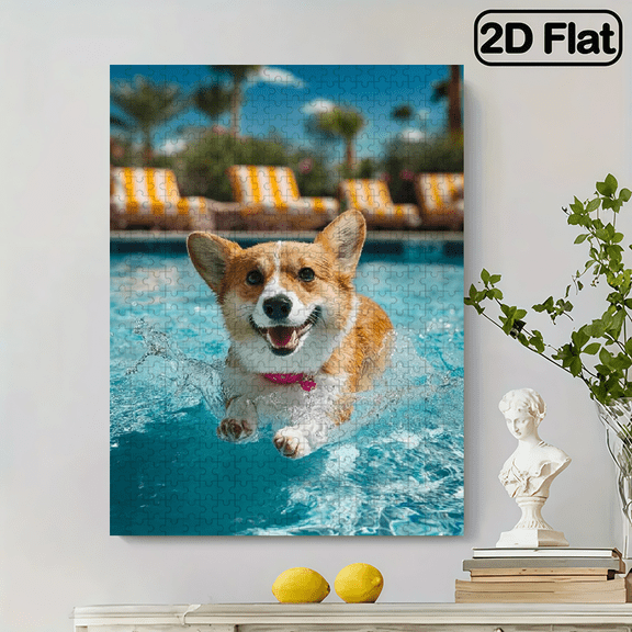 500pc Fun puzzle,frameless paper puzzle, mental exercise,suitable for family games during holidays. The best gift for puzzle enthusiasts.Cute corgi swimming in the water.