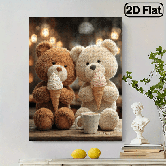 500pc Fun puzzle,frameless paper puzzle, mental exercise,suitable for family games during holidays. The best gift for puzzle enthusiasts.Two cute little bears eating ice cream.