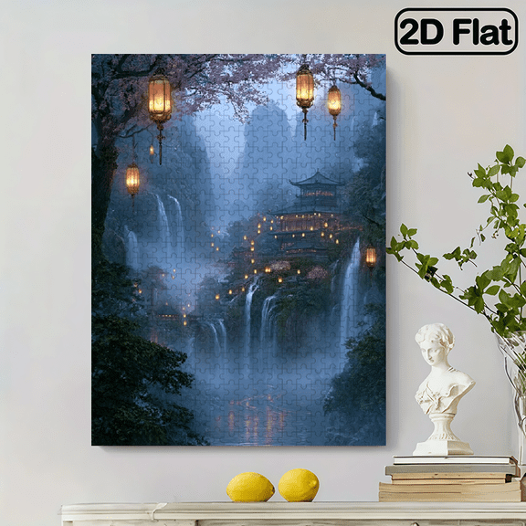 500pc Fun puzzle,frameless paper puzzle,suitable for family games during holidays. The best gift for puzzle enthusiasts.A quiet cabin by the waterfall, with an Eastern style.
