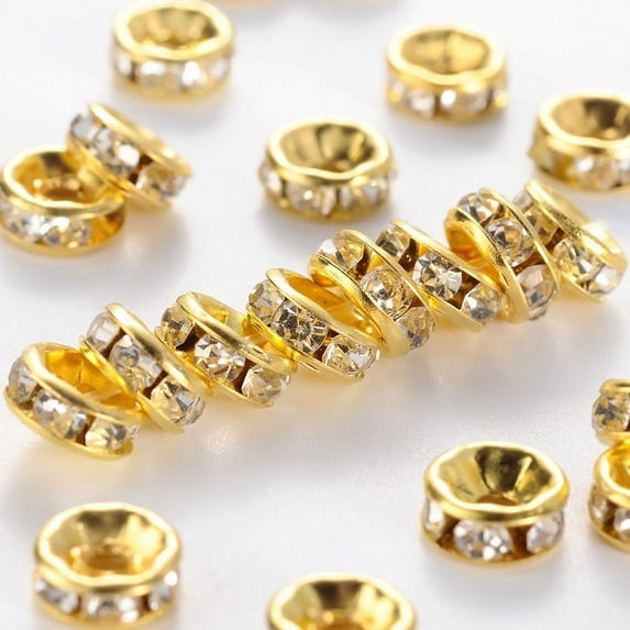 500pc Iron Rhinestone Spacer Beads Straight Edge Rondelle Golden Clear