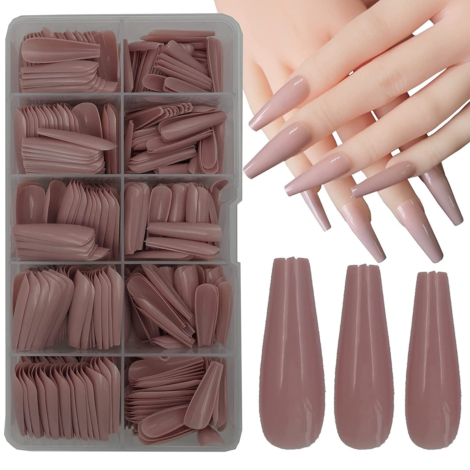 500pc Nude Pink Coffin False Nails Press on Full Cover Ballerina Fake