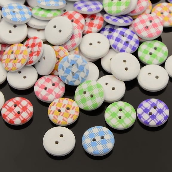 500pcs 2-Hole Flat Round Tartan Pattern Printed Wooden Sewing Buttons Dyed Mixed Color 15x4mm Hole: 1mmDIY