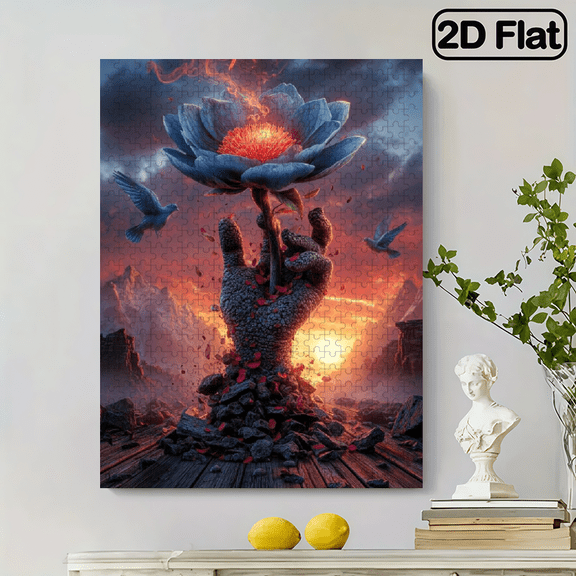 500pcs Abstract Stone Hand With Flower Art Puzzle 20.4x15 Inches Large Size, Cardboard, Mixed Color, Portable, Intermediate Skill Level, Ideal For Fun With Family And Friends.