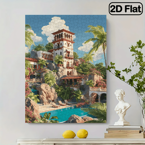 500pcs Adult Jigsaw Puzzle - Large Mediterranean Town with Blue-Roofed Clock Tower Greek Scenery, Challenging Color-Coding Brain Suitable for Adults Families, 14.9*20.4 in.