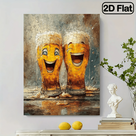 500pcs Adult Puzzle Book with 500pcs - Large 20.5"x15" Smiling Smirking Smiling Beer Mug Faces Smiling Pints - 3D Illusion-like Challenge, Color-Coded Pieces, Intermediate Brain Teaser Game for Ad