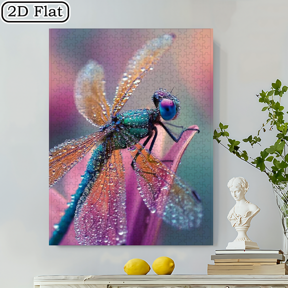 500pcs Adult Puzzle - Dragonfly with Dewdrops and Rainbow Wings on Pink Flowers, Large Brain Challenge for Adults and Families, Challenging 5D Effects, Portable Box, Christmas/Halloween Gifts (Sui