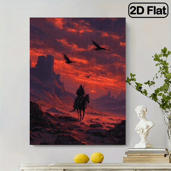 500pcs Adult Puzzle - Featuring The Scottish Border Marauder Tribe And Horses, This Historical-Themed Puzzle Showcases a Celtic Landscape with a Dramatic Red Sky And Rugged Hills. It'S a Challen