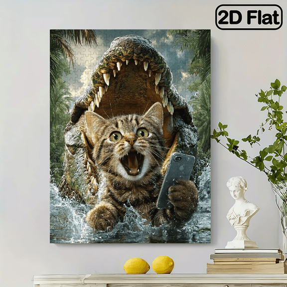 A 500pcs Adult Puzzle, Measuring 20.5X15 Inches, Featuring an Abstract Selfie of a Kitten And an Alligator. It'S Perfect for Creative Fun with Family And Friends. an Ideal Choice for Birthday Or H