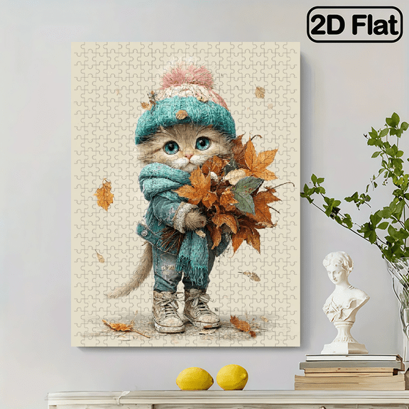 A 500pcs Adult Puzzle, Measuring 20.5X15 Inches, Featuring a Cute Cat with Maple Leaves, Perfect for Creative Fun with Family And Friends. an Ideal Choice for Birthday Or Holiday Stress Relief Gif