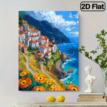 500pcs Adult Puzzle - Seaside Cliff White House with Red Roof, Yellow Flowers in Bloom Blue Sea - Greek Island Landscape Puzzle with Azaleas, 14.9*20.4 in.
