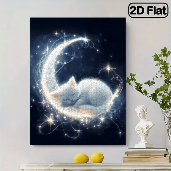 500pcs Adult Puzzle - White Cat Sleeping on a Glowing Crescent Moon Surrounded by Stars and Patterns/ Birthday Gift/ Holiday Gift/ Home Decor/ Relaxation and Entertainment/ The Best Choice for P
