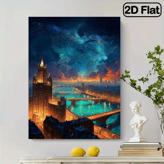 500pcs Adult Puzzles, Starry River Flowing Night City Glow, Portable Art Decor, Perfect Gift for Birthdays, Christmas, Halloween, Thanksgiving, Easter, Countryside Mural, Artistic Design, High-Q