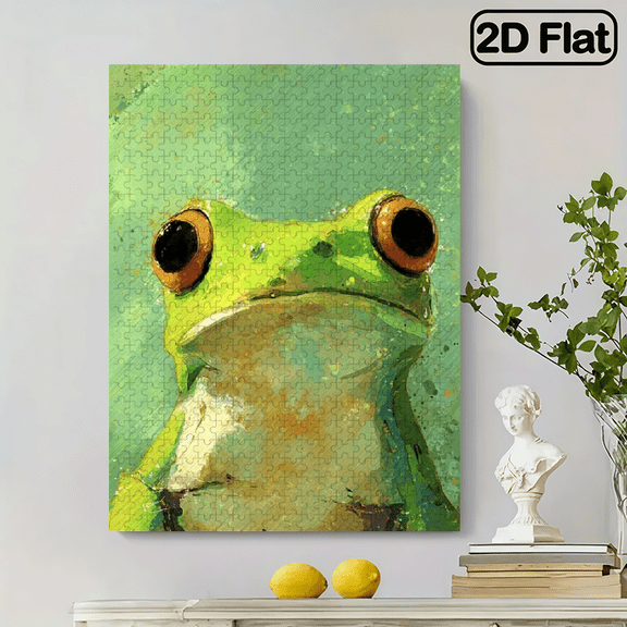 500pcs Big Eyed Frog Oil Painting Style Jigsaw Puzzle - Fresh Green Tone Healing Decompression, Frameless Large Size Family Interactive Game, Recycled Cardboard,14.9*20.4 in.