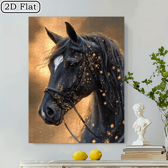 500pcs Black Horse Starry Sky Pattern Puzzle Fun and Creative for home Decoration, High-Difficulty Interactive Puzzle Game, Ideal Birthday Gift for Puzzle Enthusiasts,20.4*14.9 in