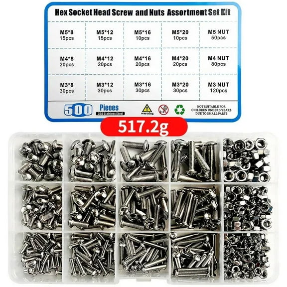 500pcs/Box 304 Stainless Steel Screws Hex Socket Button Head Allen Bolt Mechanical Screw M3 M4 M5