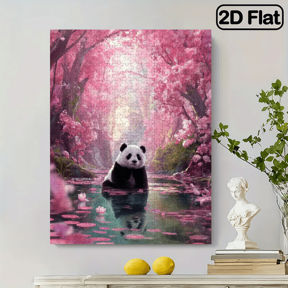 500pcs Cherry Blossom Panda Jigsaw Puzzle - Challenging Large Jigsaw for Adults with Vibrant Pink Blue Hues, Portable Rectangular Box,Relaxing Activity Family Game Night,14.9*20.4 in.