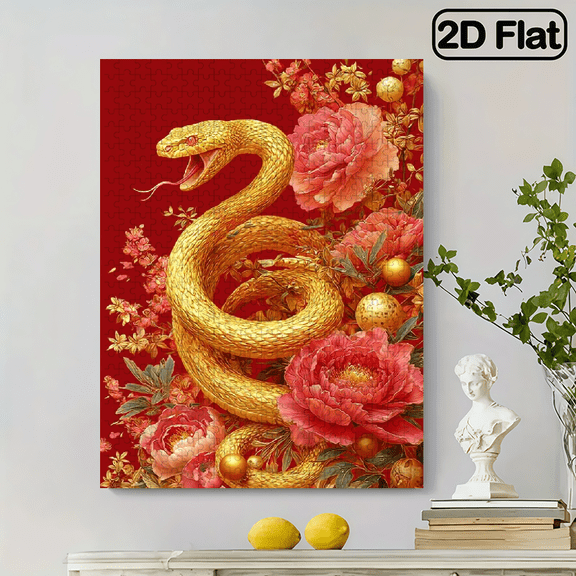 500pcs Chinese Zodiac Snake Puzzle, Festive Red Golden Art, High Difficulty Brain Teaser for Couples New Year Birthday Gift