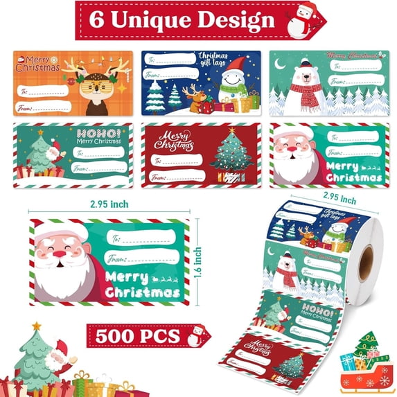 500pcs Christmas Stickers Roll – Self-Adhesive Gift Tag Labels for Holiday Gift Wrapping, Cards, Bags, and Party Decorations