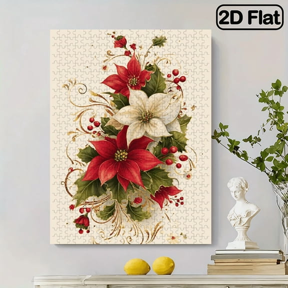 500pcs Colorful Artistic Floral Jigsaw Puzzle Vibrant Abstract Design, Christmas Poinsettia Pattern, Challenging Entertaining.20.4*14.9 in.