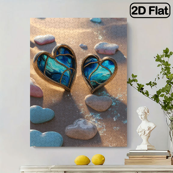500pcs Colorful HeartShaped Stained Jigsaw Puzzle Vibrant Abstract Design, Ocean Sunset Heart Pattern, Challenging Entertaining, Family Activity Vibrant Puzzle Piece. 20.4x15in