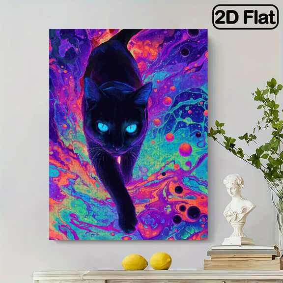 500pcs Colorful Psychedelic Cat Jigsaw Puzzle for Family Fun And Interaction, Featuring a Bright Abstract Design with a Neon Cosmic Pattern That Is Both Challenging. 20.4x15 in