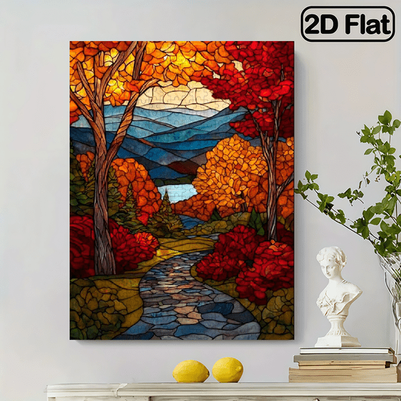 500pcs Colorful Stained Autumn Landscape Jigsaw Puzzle Vibrant Abstract Design, Scenic Pathway Pattern, Challenging Entertaining, Family Activity Vibrant Puzzle Piece.