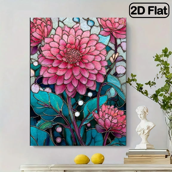 500pcs Colorful Stained Glass Dahlia Jigsaw Puzzle for Family Fun Interaction, Featuring a Bright Abstract Design with Floral Patterns, Challenging And Entertaining for Family Activities Vivid P
