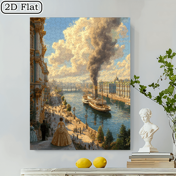 500pcs Colorful Victorian Riverside Cityscape Jigsaw Puzzle Family Interaction Fun Gift, Vibrant Abstract Design, Historical Waterfront Pattern Challenging Entertaining,20.4*14.9 in.