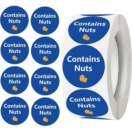 500pcs Contains Nuts Labels 1 inch Allergen Warning Stickers Round Allergies Food Rotation Advisory Circle Dots for Jars Glass Bottle Retail Packaging